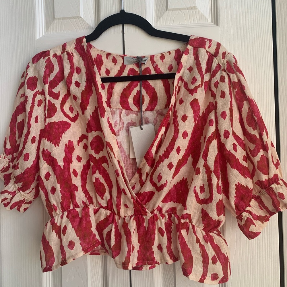 Pure Linen NWT Red and Cream Women's Top (SZ M)